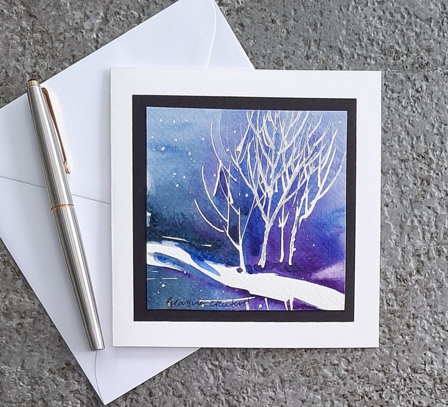 Blank Christmas Card Hand Painted Abstract White And Silver Trees On Purple