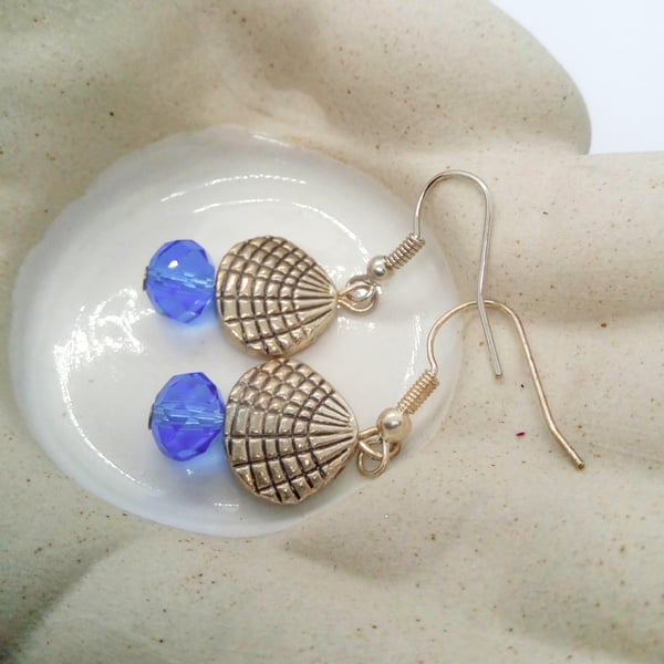 Clam Shell and Blue Crystal Earrings for Pierced Ears, Ladies Earrings