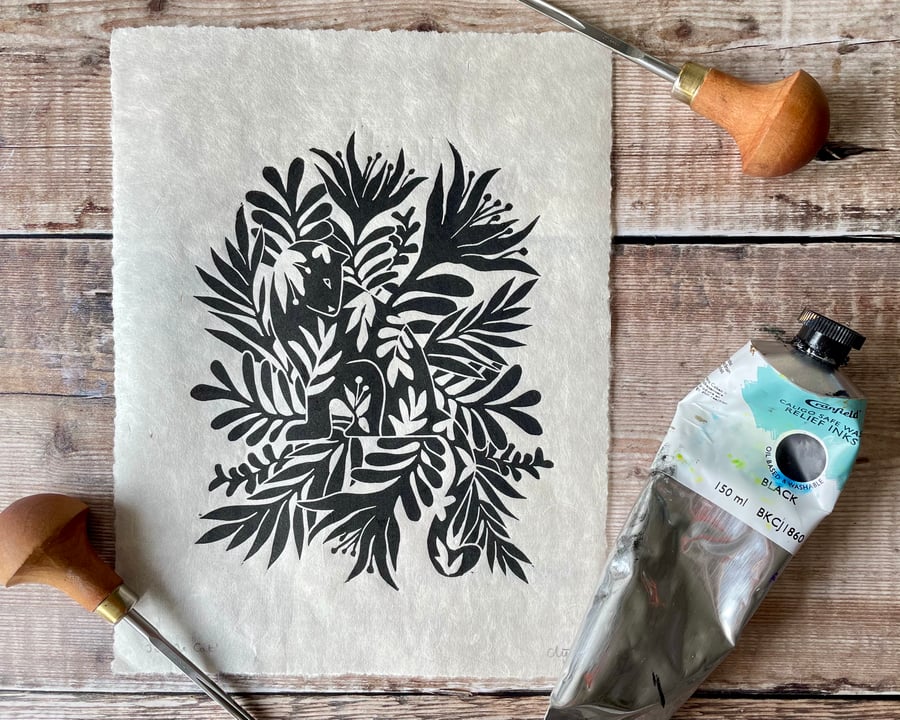 Jungle cat amongst the leaves lino print