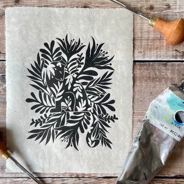 Jungle cat amongst the leaves lino print