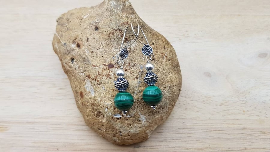 Bali silver Malachite earrings. Green gemstone Drop earrings