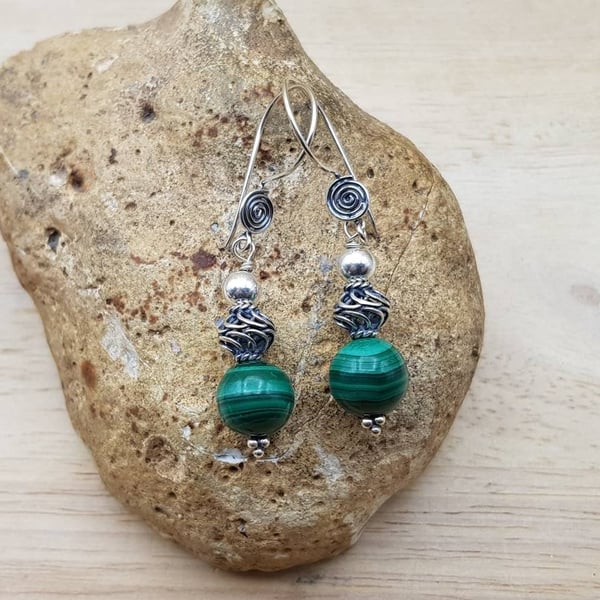 Bali silver Malachite earrings. Green gemstone Drop earrings