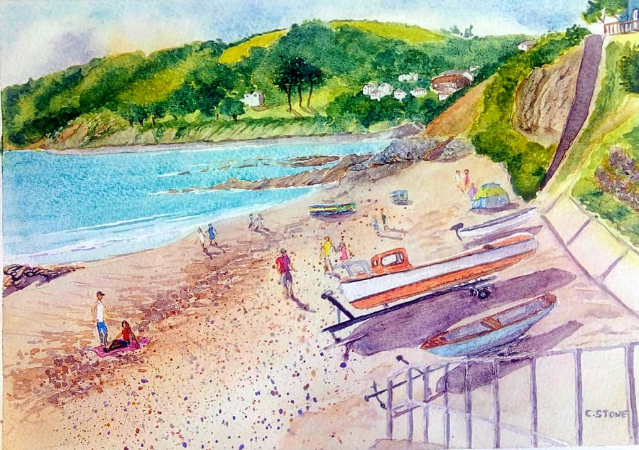 Original watercolour painting, On the Beach at Downderry, Cornwall