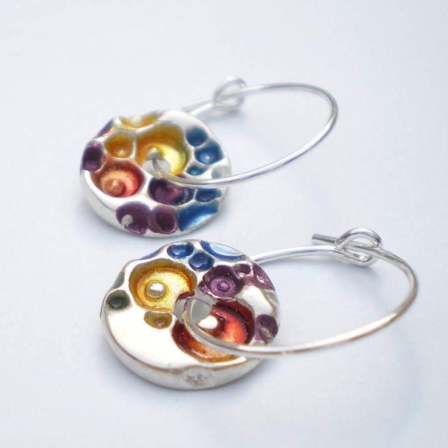 Round Coral  Silver Hoop Earrings with Enamel