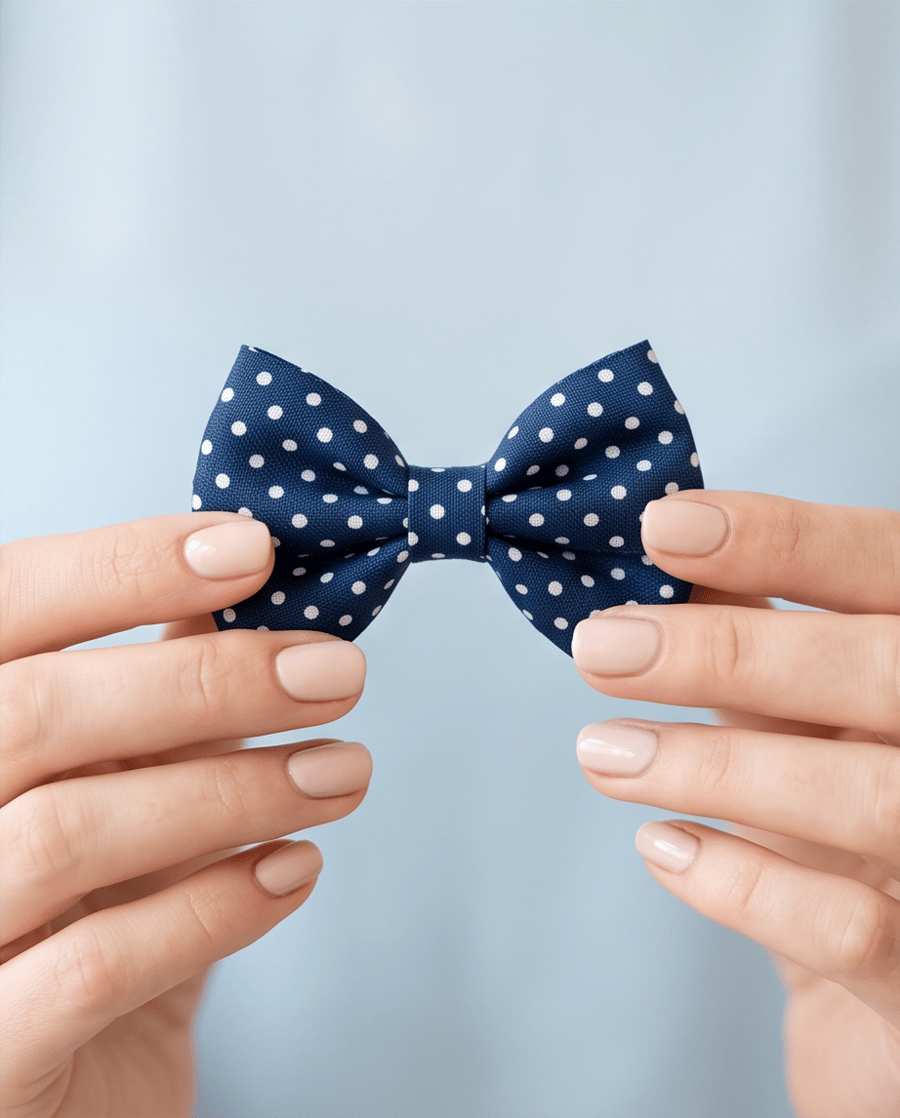 Image of Pair of Satin Bow Hair Bands – Dark Blue with White Polka Dots, Stylish Idea