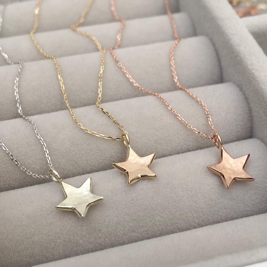 Handmade 9ct yellow, rose or white gold dainty star charm pendant and chain