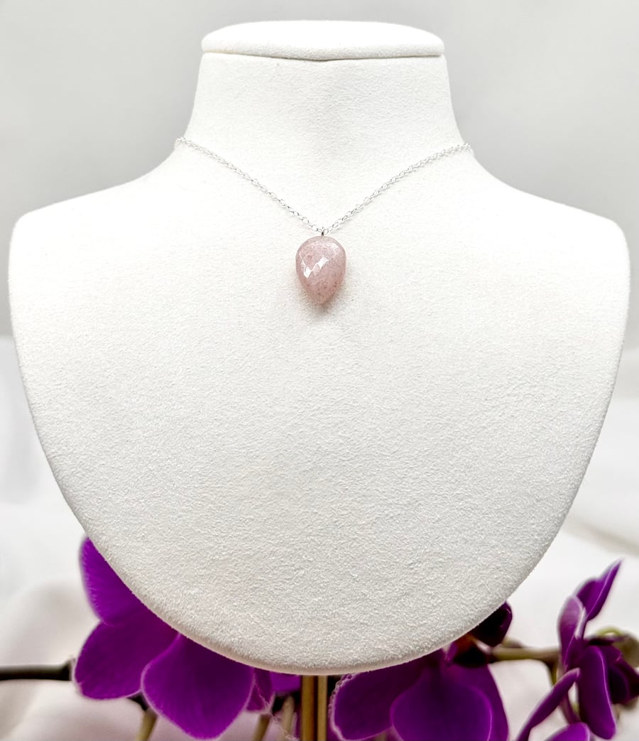 Silver, Peach Moonstone Faceted Pear Drop Necklace, Handmade in North Yorkshire