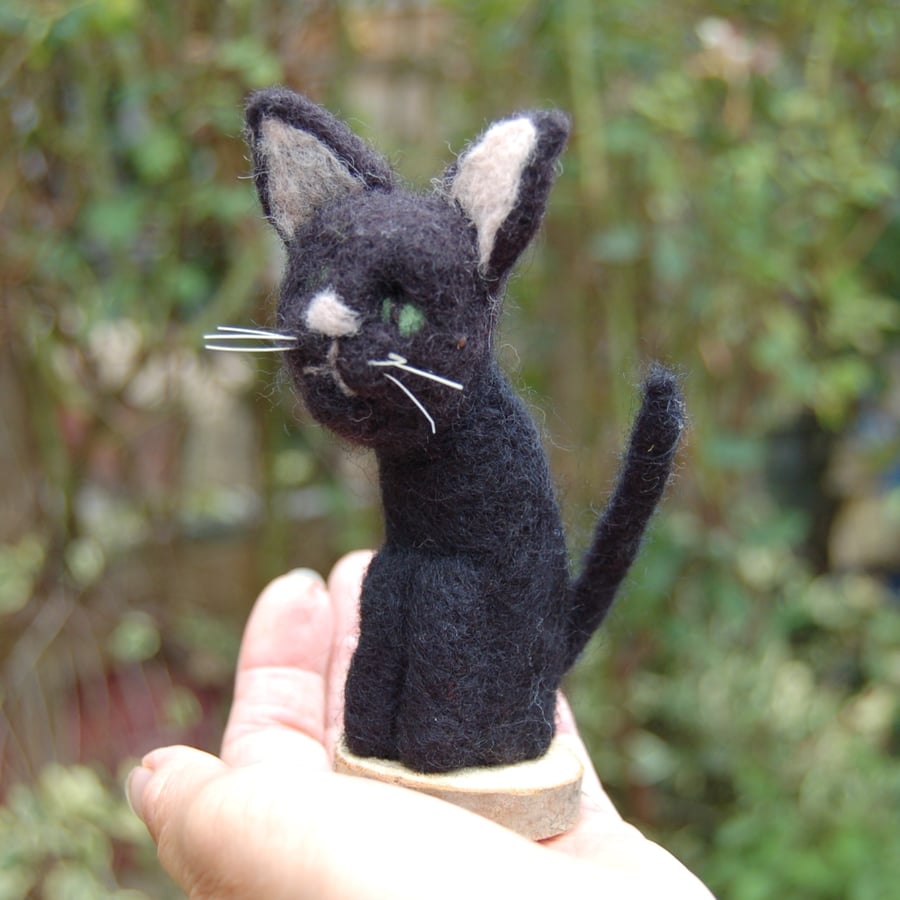 Needle felt blalck cat, collectable animal sculpture, ornament or decoration