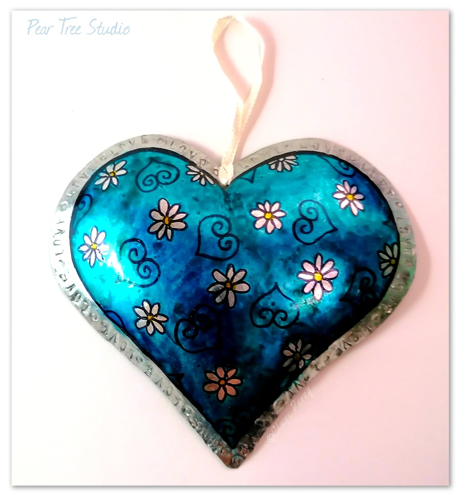 Handmade Tin Heart hanging decoration. Turquoise with flowers.