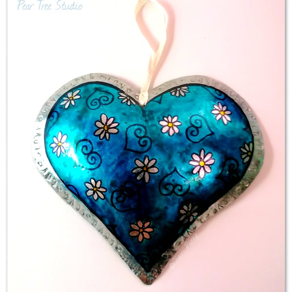 Tin Heart decoration. Turquoise with flowers. Handmade.