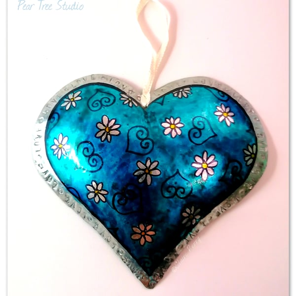 Handmade Tin Heart hanging decoration. Turquoise with flowers.