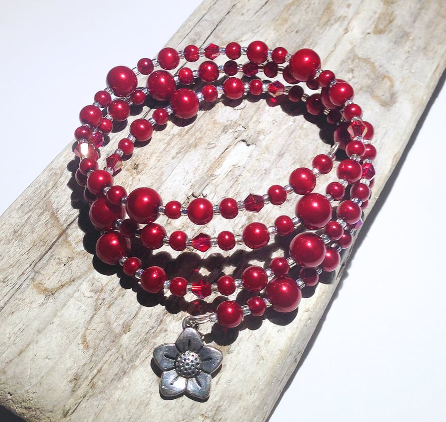 Red Pearl Bead and Crystal Wrap Bracelet - UK Free Post