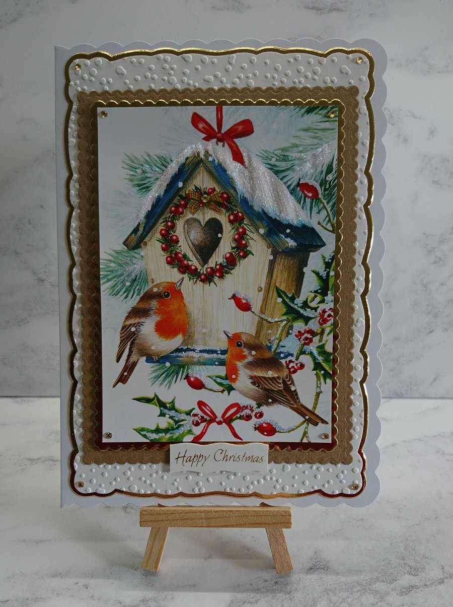 Handmade Christmas Card Happy Christmas Robins Bird House Garden