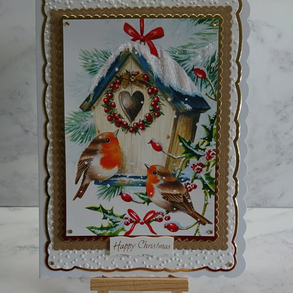 Handmade Christmas Card Happy Christmas Robins Bird House Garden