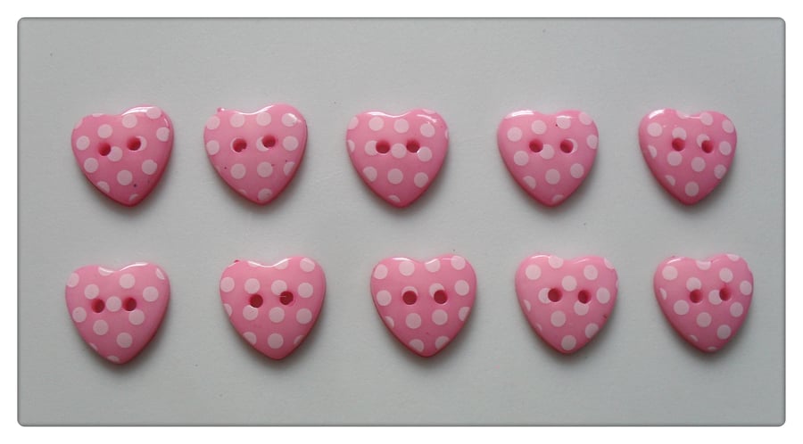 30 x 2-Hole Resin Buttons - Polka Dot - Heart - 15mm - Pale Pink