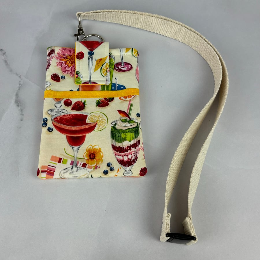 Handmade neck bag, Cocktails fabric, Phone case, 2 pockets, detachable lanyard,