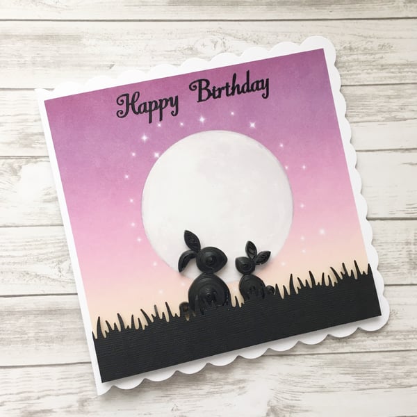Birthday card - quilled rabbits - boxed option