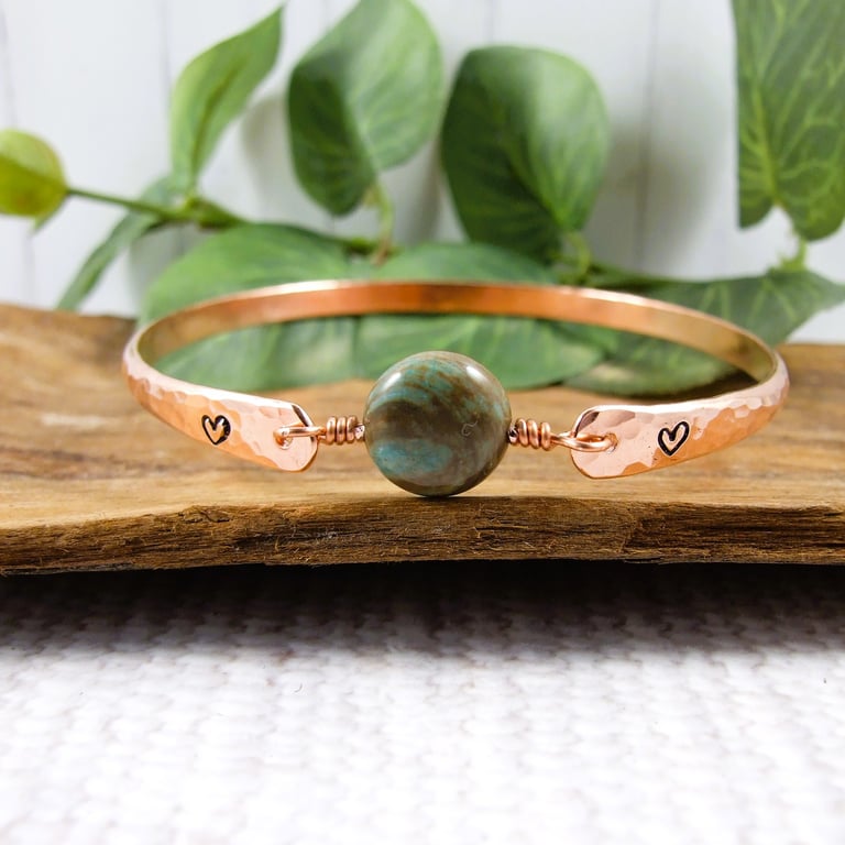 Bangle, Copper and Jasper Bracelet with Stamped Hearts. Size 21cms