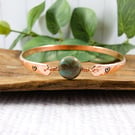 Bangle, Copper and Jasper Bracelet with Stamped Hearts. Size 21cms