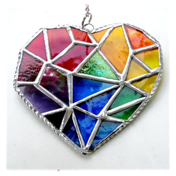 Geometric Patchwork Rainbow Heart Suncatcher Stained Glass Handmade 004