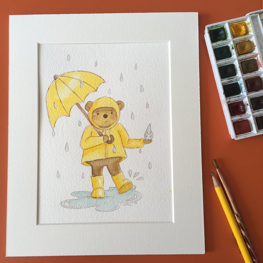 Watercolour Teddy Bear Illustration - Dancing In The Rain 
