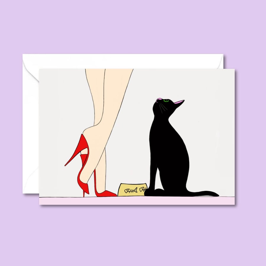 Black Cat Greetings Card - Hand Drawn Illustration - Card For Cat Lover