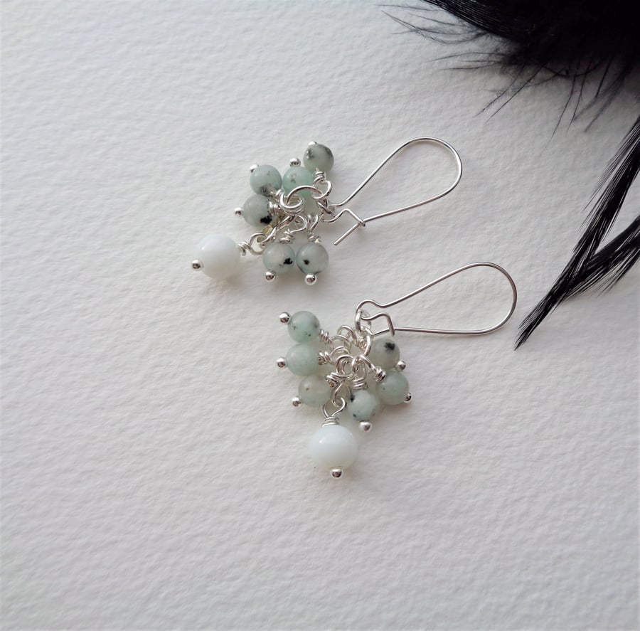 Moss Agate and white Cluster gemstone Dangle Earrings Silver