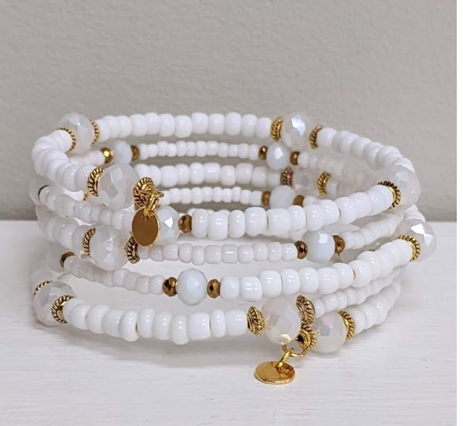 Memory Wire Bracelet in White and Gold, Summer Stacked Cuff Bangle