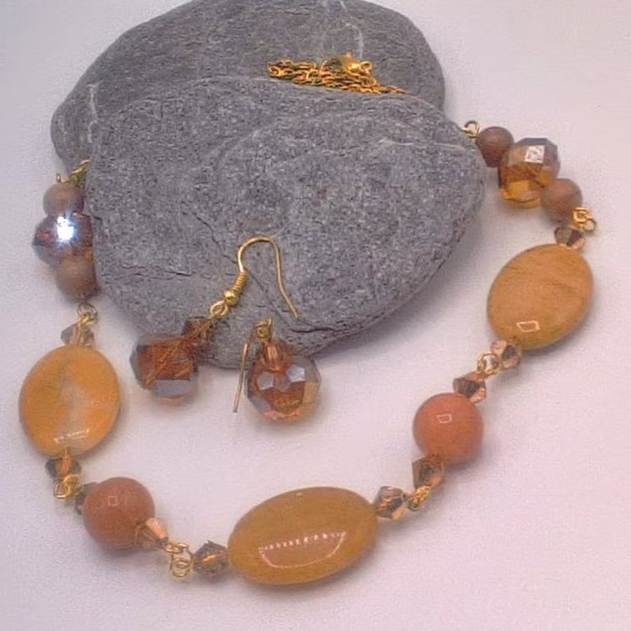 Honey Jade Bead and Gold Crystal Necklace and Earrings Set, Gift for Her