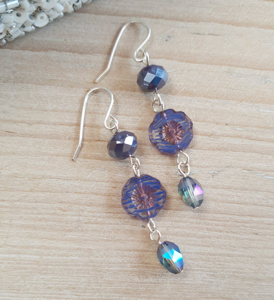 Purple Triple Stone Czech Glass Flower and Crystal Orbit Bead Dangle Earrings