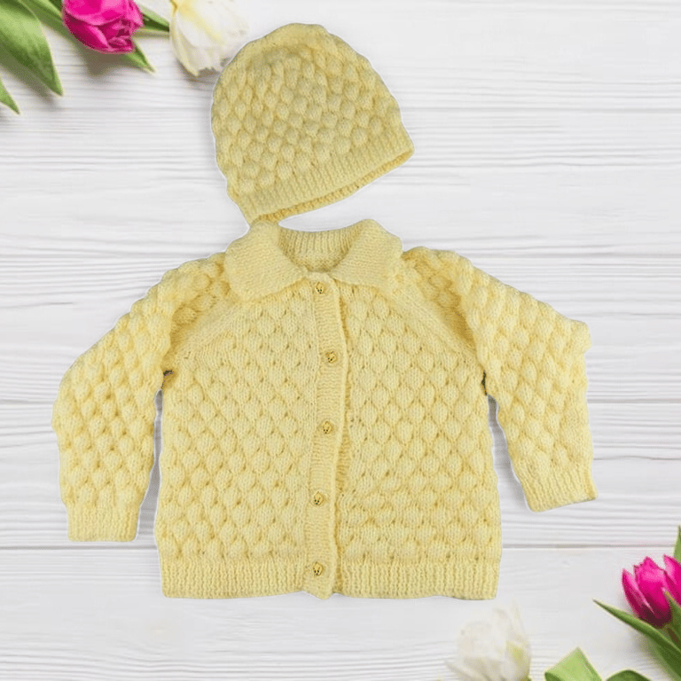 Lemon baby cardigan and hat knitted in bubble stitch pattern to fit 0 - 9 months