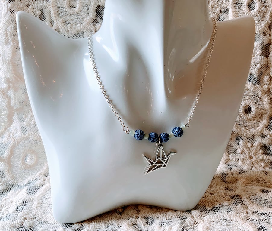 Origami Crane Bird Pendant Necklace.