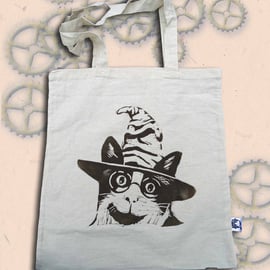 Harry Potter Cat Tote Bag Animal Linocut Hand Printed Cream Shopping