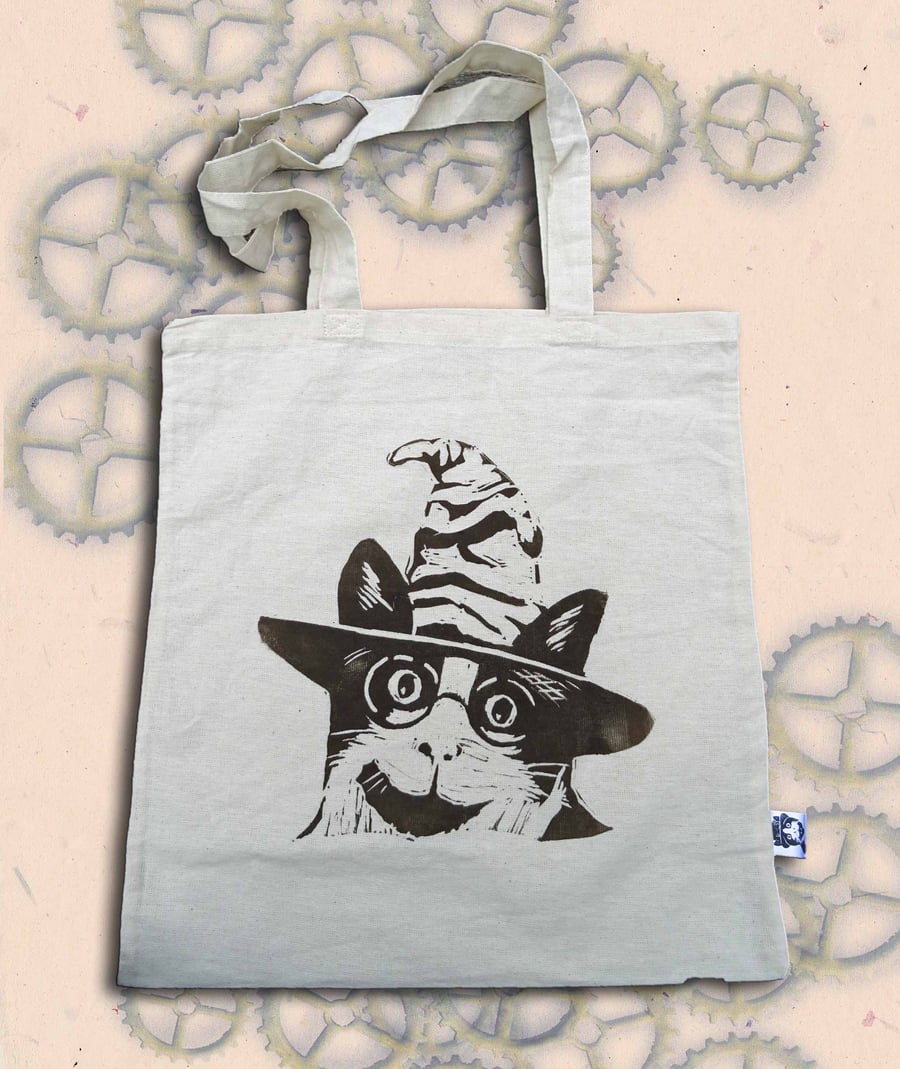 Harry Potter Cat Tote Bag Animal Linocut Hand Printed Cream Shopping