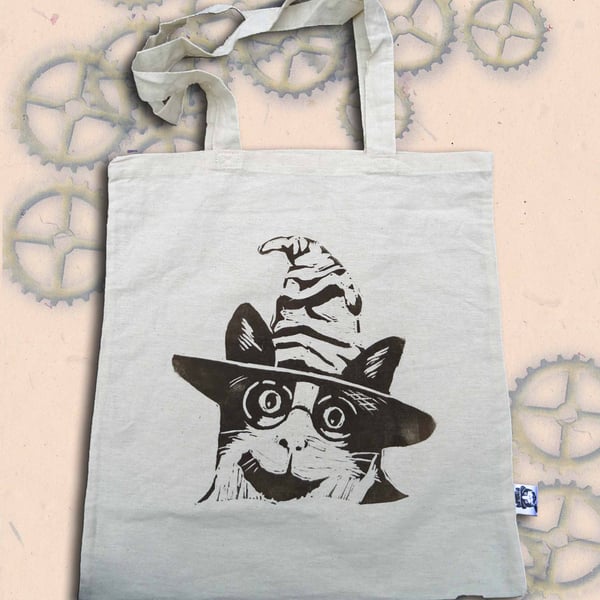 Harry Potter Cat Tote Bag Animal Linocut Hand Printed Cream Shopping