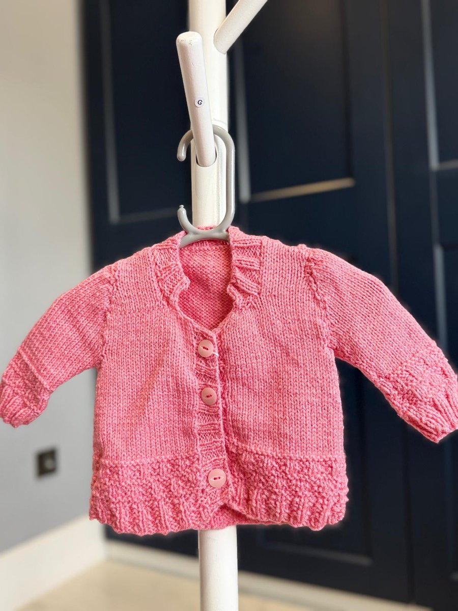 Hand-Knitted Baby Cardigan with Textured Hem – Medium Pink (6-9m)