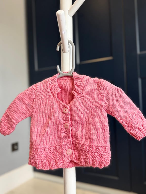 Hand-Knitted Baby Cardigan with Textured Hem – Medium Pink (6-9m)