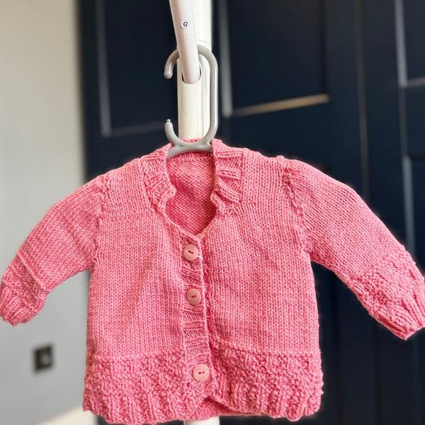 Hand-Knitted Baby Cardigan with Textured Hem – Medium Pink (6-9m)