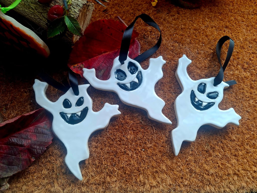 Set of Six Handmade Ceramic Halloween Ghost Decorations – White & Black.