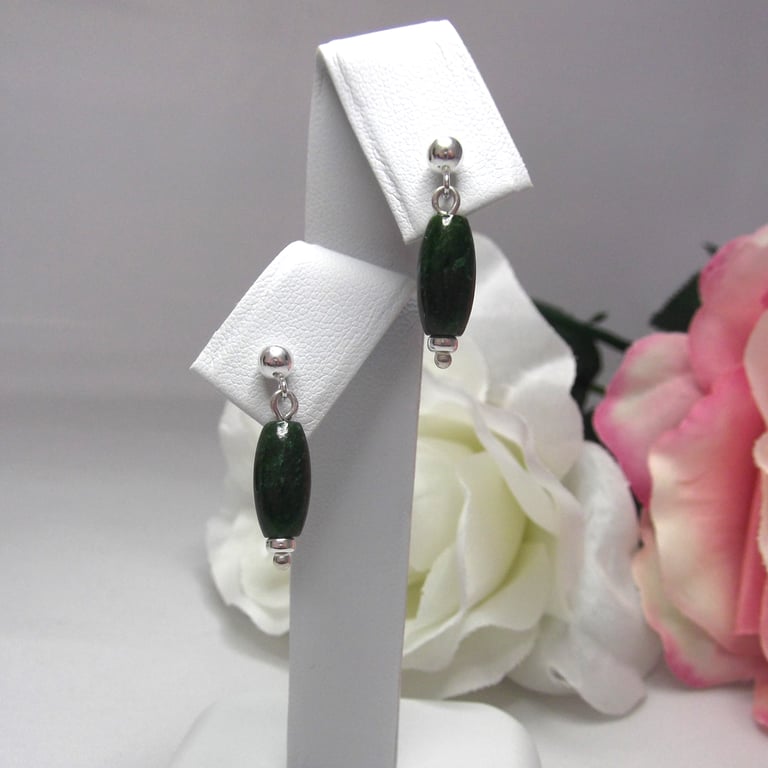 Green Jade gemstone drop earrings with silver ear post & butterfly back