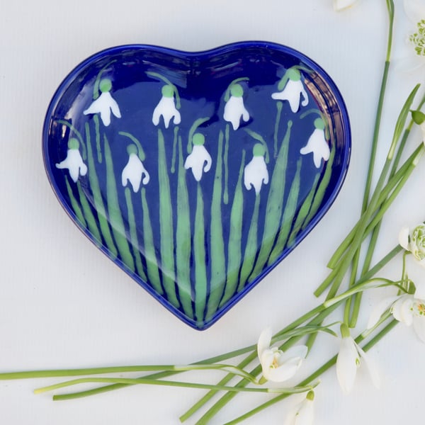 Snowdrop Heart Dish - Hand Painted