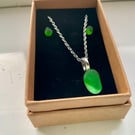 Green Sea Glass Necklace and Earring Set 