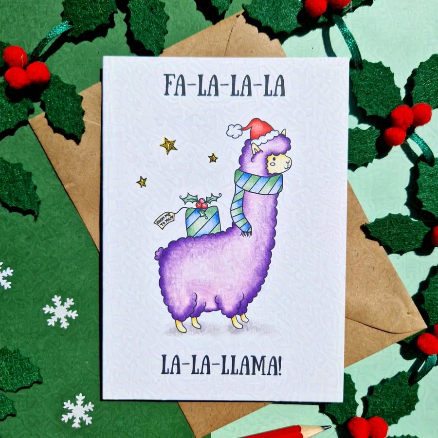 Llama Christmas card, Funny pun Christmas carol card, Friend Christmas card