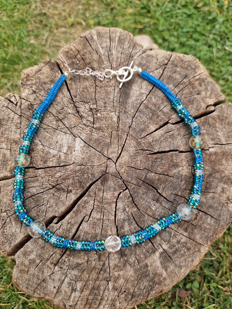 Denim blue, pale ice blue and silver chunky cubic beaded choker necklace