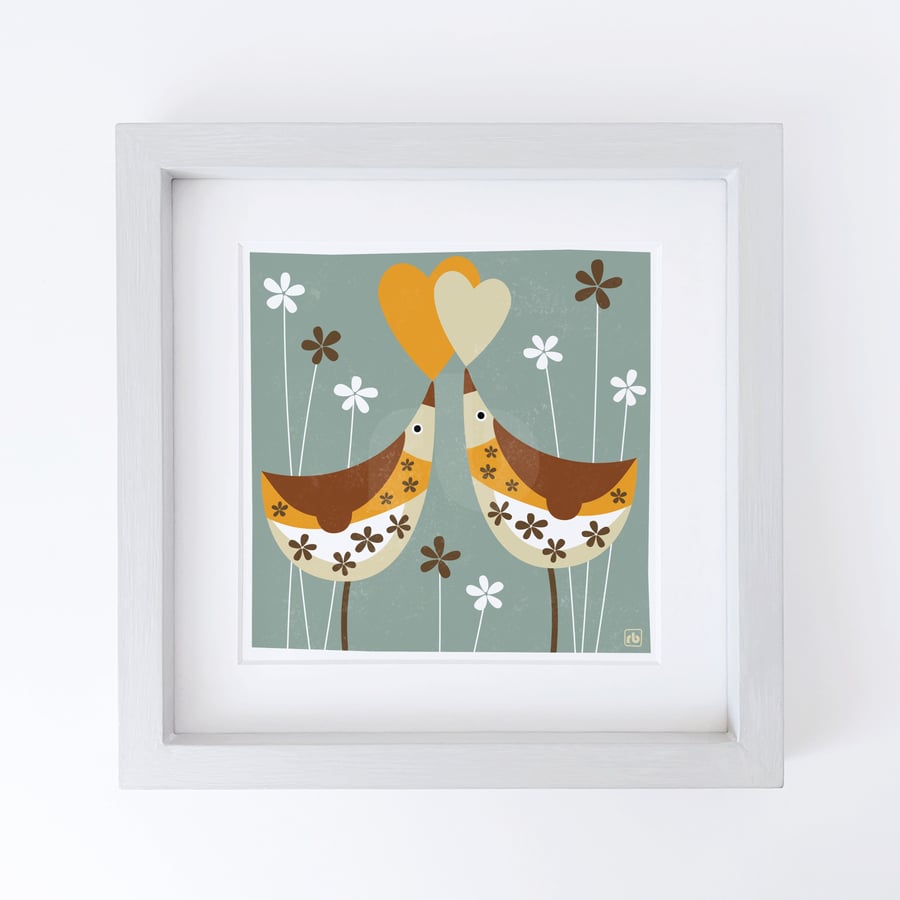 Song Thrushes With Love Hearts, original Giclee print