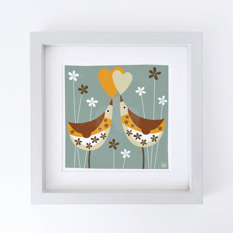 Song Thrushes With Love Hearts, original Giclee print