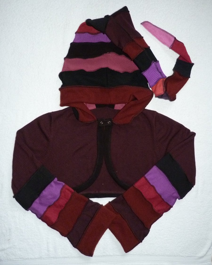 Upcycled Pixie Top with Long Hood and Bell Bottom Sleeves in Burgundy and Purple