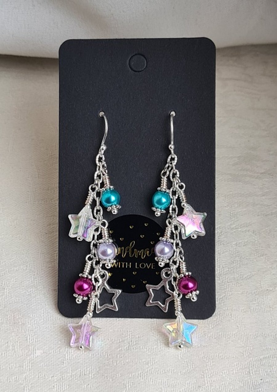 Gorgeous Celestial Stars Earrings - Silver Tones. Sterling Silver Ear Wires.
