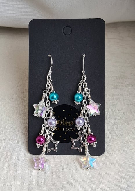 Gorgeous Celestial Stars Earrings - Silver Tones. Sterling Silver Ear Wires.