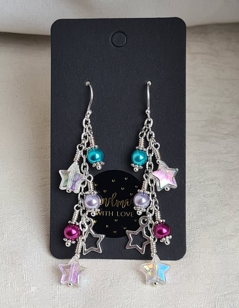 Gorgeous Celestial Stars Earrings - Silver Tones. Sterling Silver Ear Wires.